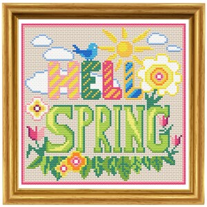 Spring Cross Stitch Pattern - Hello Spring - Seasonal Embroidery Instant Download PDF - Flower Bee Plants Springtime Gift Needlecraft