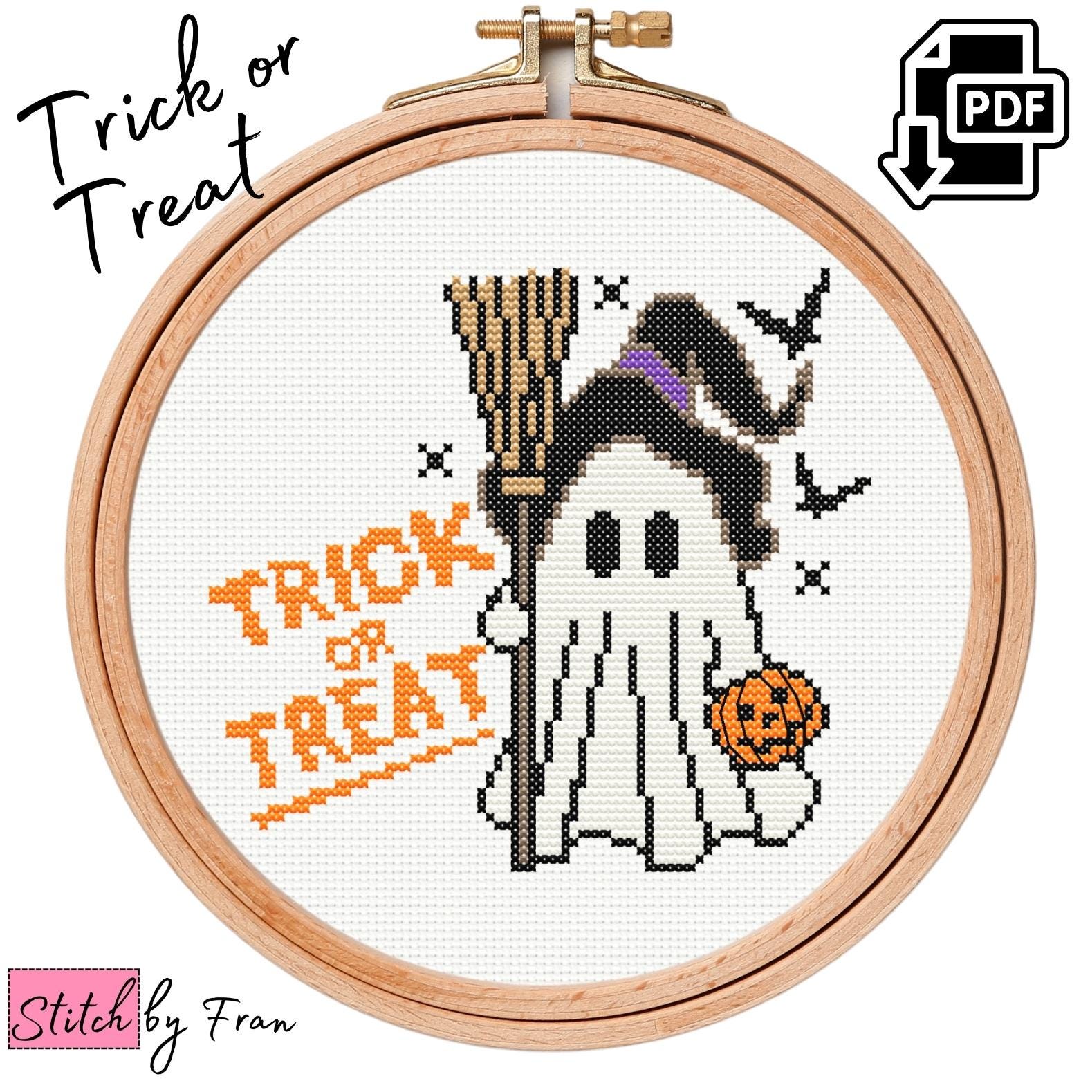 ゴーストのクロスステッチ図案、トリック・オア・トリート・ハロウィンの刺繍図案、初心者向けの小さくて簡単な図案！装飾刺繍DIY - Etsy 日本