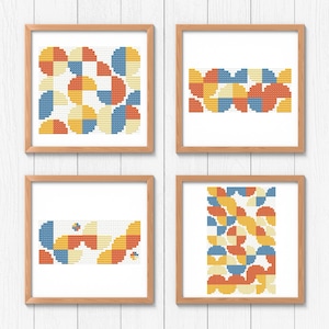 Abstract Cross Stitch Pattern - Set of 4 Retro Color Circles Patterns - Geometric Easy Embroidery For Beginners - PDF instant Download
