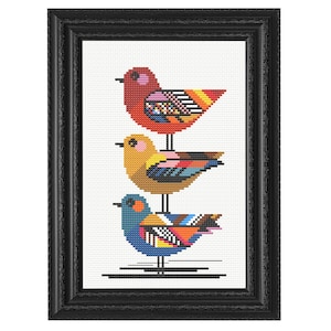 Modern Cross Stitch Pattern with 3 Geometric Colorful Birds! – Easy Beginner Friendly Design - PDF Download, Handmade Gift, Home Décor Idea
