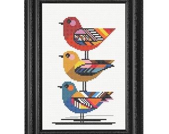 Modern Birds Cross Stitch Pattern – 3 Geometric Abstract Birds | Easy Beginner Embroidery PDF Instant Download