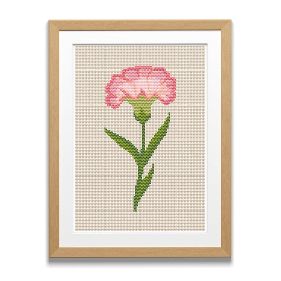カーネーションのクロスステッチ図案 – 1月の誕生花刺繍 – ピンクの花