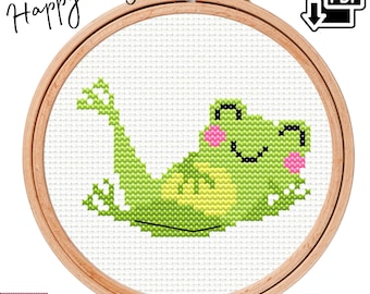 Happy Frog Cross Stitch Pattern – Easy Beginner Friendly Frog Embroidery – Small Cute PDF Download