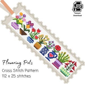 Könnte beinhalten: Ein Kreuzstichmuster mit einer Reihe von bunten Blumentöpfen mit verschiedenen Blumen. Das Muster ist 112 Stiche breit und 25 Stiche hoch. Das Muster heißt "Flowering Pots".