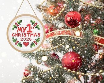 Primera Navidad del bebé 2026 – patrón de punto de cruz para adorno navideño de bebé – patrón de bordado pequeño – Decoración para árbol de Navidad – bordado fácil