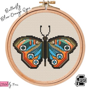 Blue Orange Butterfly with Eyes, Cross Stitch Pattern PDF, Stitch your own insect deco for your home &gt; Butterflies Embroidery. Perfect gift!