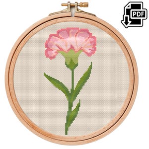 Anjer Kruissteek Patroon – Geboortebloem Januari Borduren – Roze Bloem Borduurpatroon, DIY Cadeau, Directe PDF Download