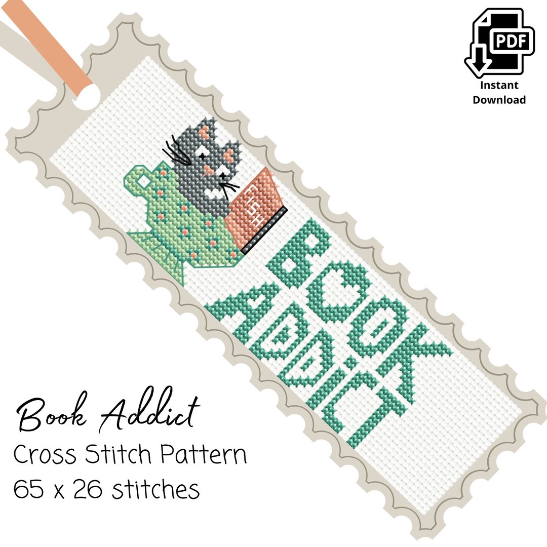 Cat Bookmark Cross Stitch Pattern - Book Addict Bookmark Design - Easy ...