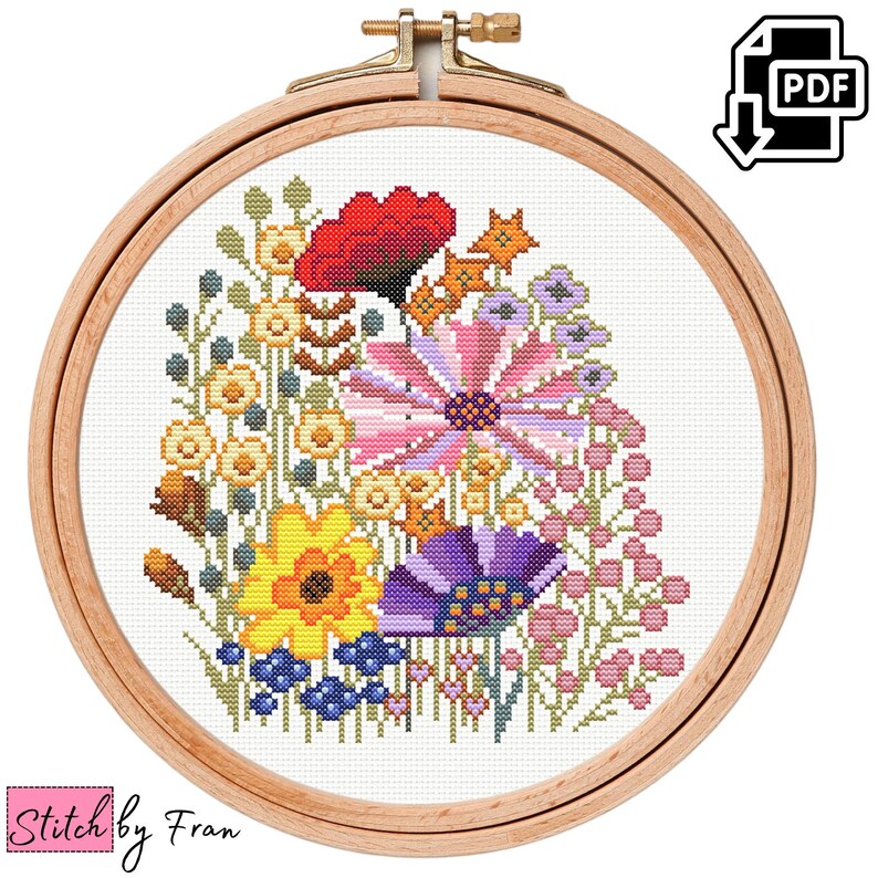 Wildflower Cross Stitch Pattern PDF – Modern Floral Bouquet Embroidery ...