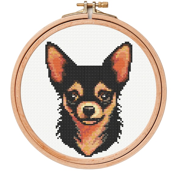 黒とタンのチワワのクロスステッチパターン、チチの刺繍デザイン、小型