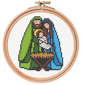 Klein en Makkelijk Kerst Kruissteek patroon: Maria en Josef met Baby Jezus boven de Kribbe | Heilige Nacht | Kerststal Religieus borduring
