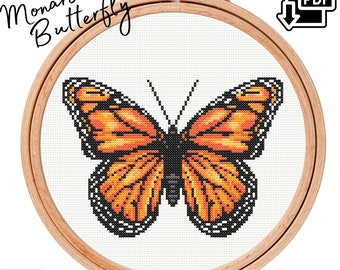 モナークバタフライクロスステッチパターン、オレンジと黒の蝶の刺繍