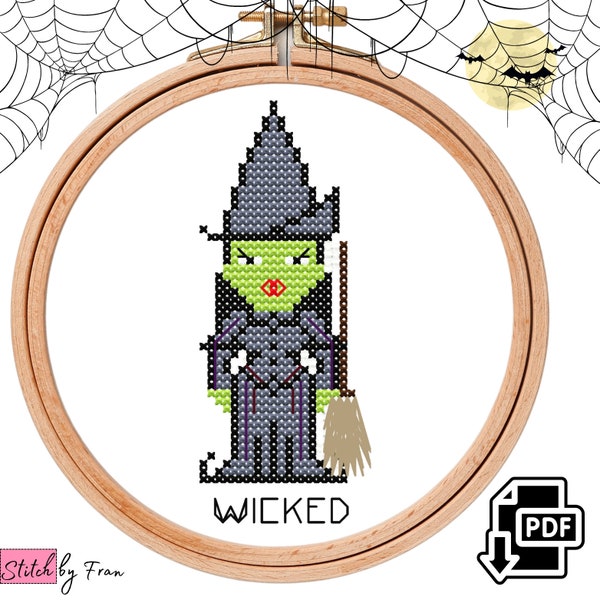 Wicked Elphaba Green Witch With Broom Halloween Horror Embroidery - Cross Stitch Pattern PDF Instant Download for bookmark