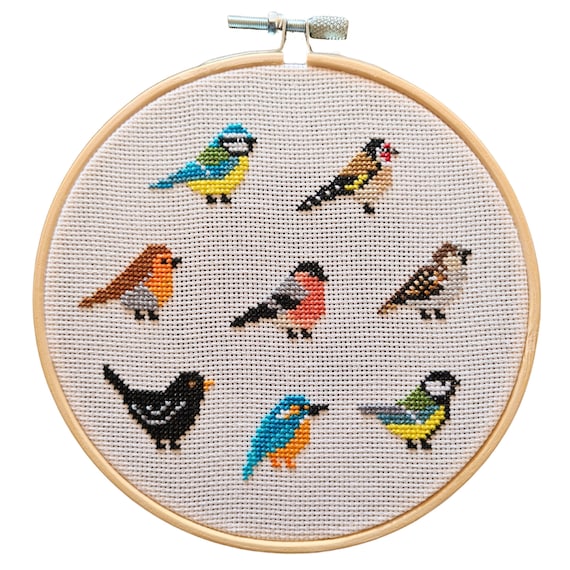 鳥のクロスステッチパターン - 刺繍パターン8個パック - 初心者向けの