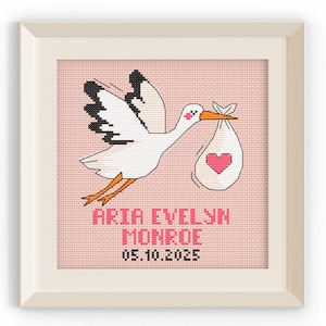 Stork Baby Girl Delivery – Cross Stitch Pattern | Personalized Name + Date Baby Announcement | DIY Embroidery Gift | Instant PDF Download