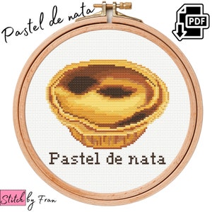 Motif de point de croix de broderie pastel de nata, pâtisserie typiquement portugaise, pâte de nata, couture cadeau boulangerie, décoration murale de cuisine