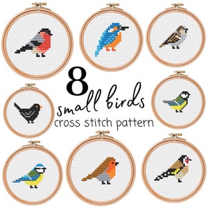 Birds Cross Stitch Pattern - Pack of 8 Embroidery Patterns - Easy Bird Embroidery for Beginners - Small Bird Cross Stitch Embroidery