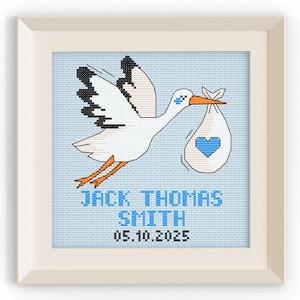 Stork Baby Boy Delivery – Cross Stitch Pattern | Personalized Name + Date Baby Announcement | DIY Embroidery Gift | Instant PDF Download