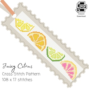 May include: A cross stitch pattern featuring four citrus fruit slices: lemon, orange, lime, and grapefruit. The pattern is 108 stitches wide and 17 stitches tall. The pattern is labeled "Juicy Citrus Cross Stitch Pattern 108 x 17 stitches".