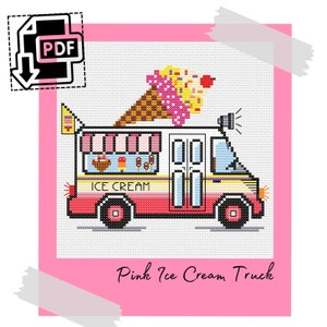 Pink Ice Cream Truck - Easy Cross Stitch Pattern - Summer Embroidery Project for Kids room or baby shower gift - PDF download counted stitch