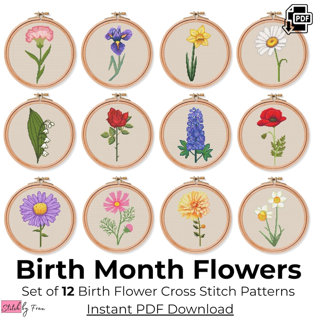 Birth Flower Cross Stitch Set – 12 Month Floral Pattern PDF