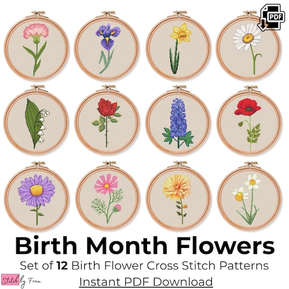 Birth Flower Cross Stitch Set – 12 Month Floral Pattern PDF