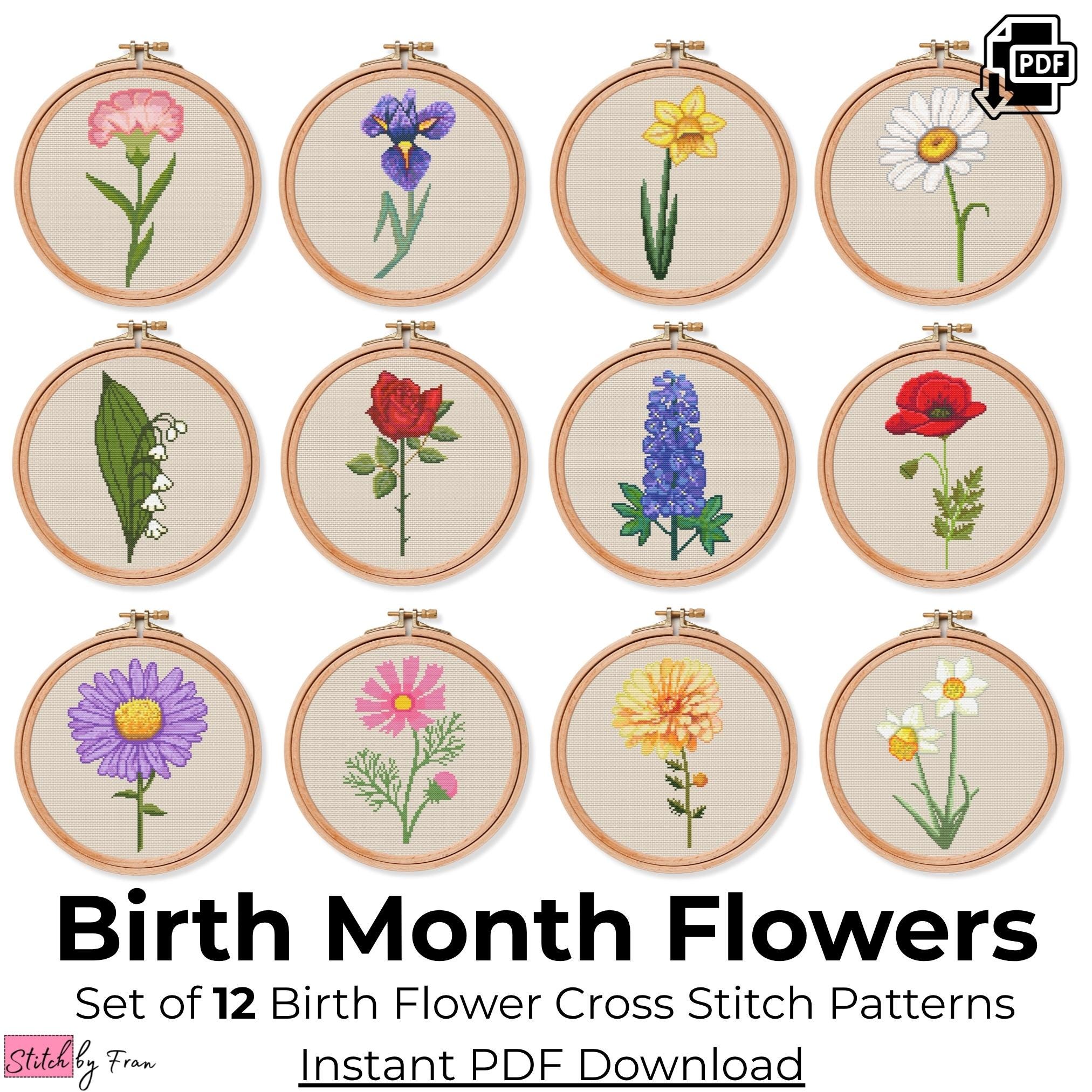Birth Flower Cross Stitch Set – 12 Month Floral Pattern PDF