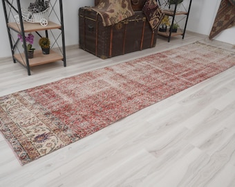 3x10 Runner, Oushak Runner Rug, Faded Turkish Runner, Vintage Runner 3x10, Antique Runner, Wool Rug, Handmade Turkish Rug,Natural Runner,08