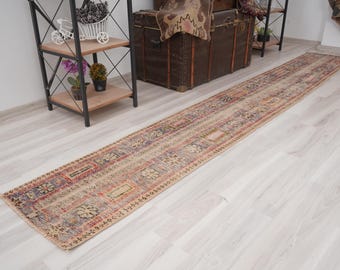 May include: A long, rectangular rug with a faded, vintage appearance. The rug features a repeating pattern of geometric shapes and floral motifs in shades of red, blue, and beige. The rug is placed on a light-colored wooden floor.