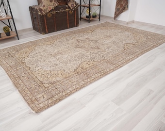 Tappeto vintage 6x9, tappeto turco dai colori tenui, tappeto Oushak 6x9, tappeto in lana naturale, tappeto anatolico, tappeto turco 6x9, tappeto antico, tappeto sbiadito, tappeto dai colori tenui, 750