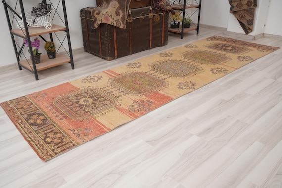3x10 Rug, Oushak Rug Runner,Turkish Runner Rug,Vintage Runner 3x10,Anatolian Runner,Handmade Faded Rug,Antique Turkish Rug,Oushak Runner,412