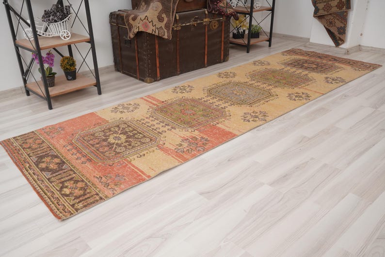 Vloerkleed 3 x 10, Oushak-tapijt loper, Turks loper tapijt, vintage loper 3 x 10, Anatolische loper, handgemaakt vervaagd tapijt, antiek Turks tapijt, Oushak loper, 412 afbeelding 1