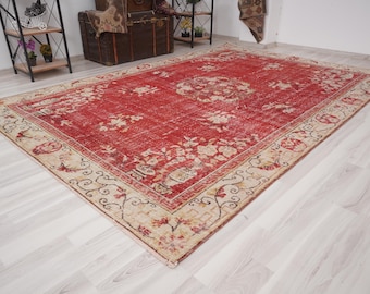 7x10 Rug, Antique Turkish Area Rug, Oversize Oushak Rug, Vintage Rug 7x10,Neutral Rug,Handmade Wool Rug,Faded Rug,Natural Turkey Carpet,718
