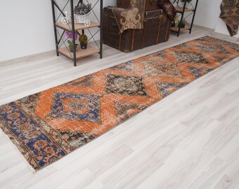 May include: A long, narrow, orange, blue, and brown patterned rug with a geometric design. The rug is on a white wood floor.