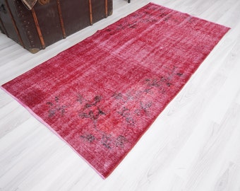 Handwoven Wool Rug, Red Oushak Small Rug, 3x6 Turkish Red Rug,Vintage Rug 3x6,Anatolian Overdyed Rug,Antique,Turkish Vintage Rug,3x6 Rug,821