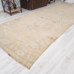 4x11 Rug, Turkish Runner Rug,4x11 Vintage Runner,Neutral Runner,Oushak Runner 4x11,Handmade Wool,Antique,Faded,Turkish Rug Runner,Muted,251