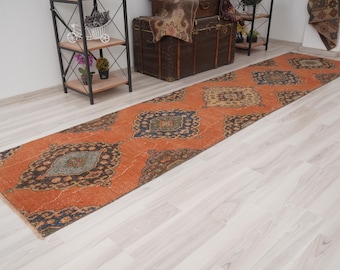 May include: An orange runner rug with a traditional design. The rug features a repeating pattern of dark blue and tan medallions on an orange background. The rug is rectangular and appears to be made of woven material.