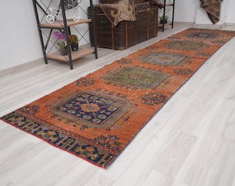 Vintage Turkish Oushak Runner, 2x11 Runner Rug, Handmade Wool Antique Turkish Runner Rug,Faded Rug 2x11,Natural Carpet,Muted Vintage Rug,429