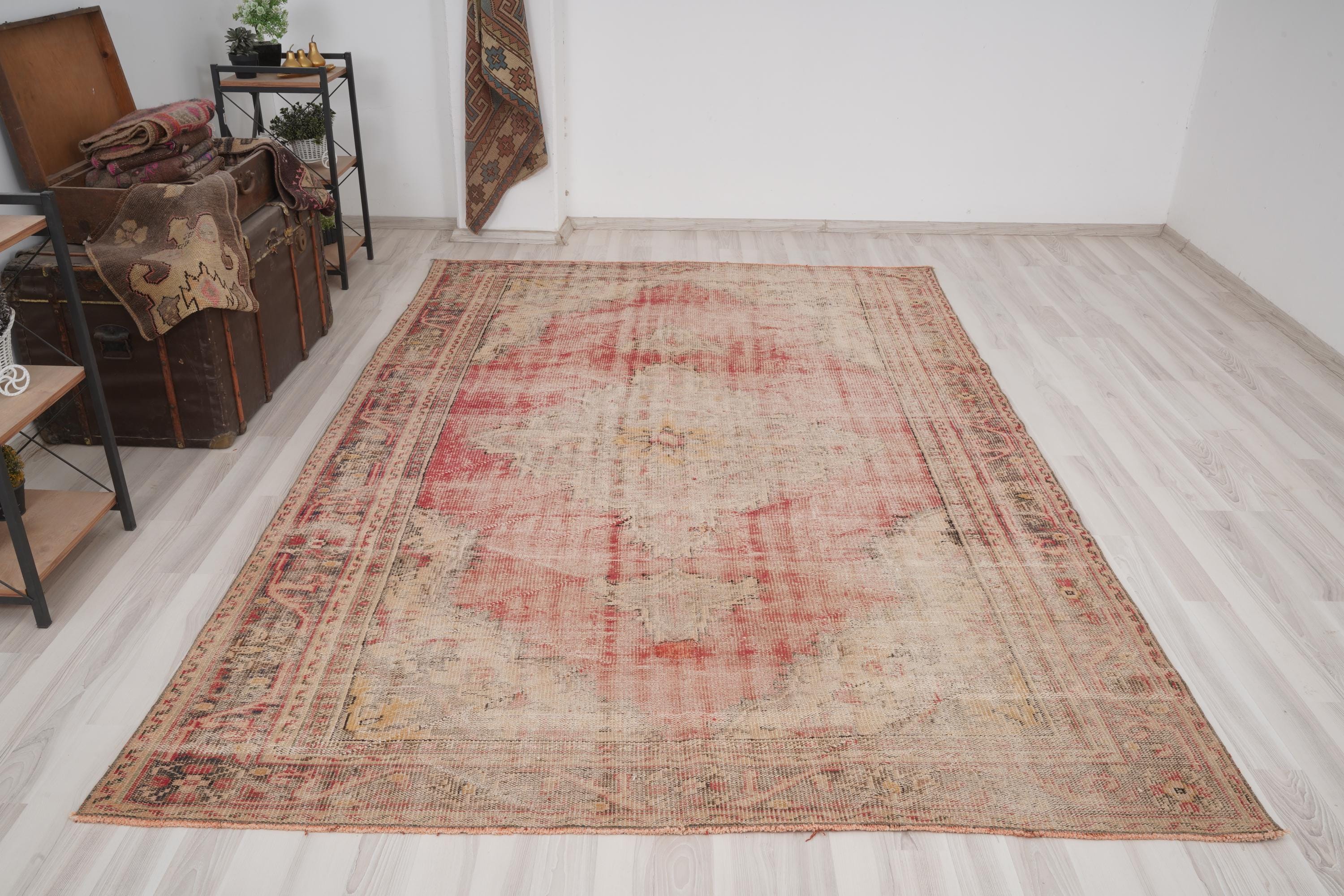 Faded Vintage Turkish Oushak Rug, Natural Large Rug 7x10, Handmade