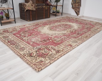 Turkish Area Rug 5x10, Large Oushak Rug, 5x10 Vintage Rug,Neutral Handmade Wool Faded Rug,5x10 Rug,Antique Turkish Rug,Natural Area Rug,223