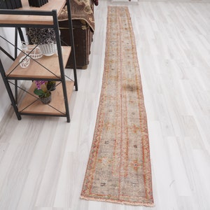 1x11 Runner, Long Oushak Runner, Slim Turkish Runner, Vintage Runner, Wool, Faded Rug,Handmade,Antique,Turkish Rug Runner,Natural, Muted,181