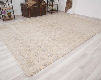 7x10 Rug, Oversize Oushak Rug, Turkish Vintage Rug, Oversize Rug 7x10, Antique Wool Large Rug,Handmade Faded Rug,Muted Neutral Rug,786