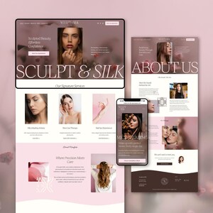 May include: Website design for Sculpt & Silk, featuring a soft pink and brown color scheme. The design includes the company name, "Sculpt & Silk," and sections for services like microblading and skincare. A mobile phone displays a similar design.
