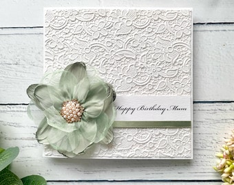 Handmade Birthday Card: Sage Green Flower, Luxury Design