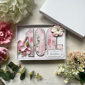 Handmade 100th Birthday Card for grandma, granny, great grandma, great aunt. Special large number milestone card pink 3D floral personalised