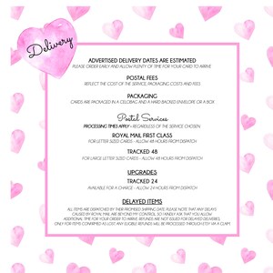 May include: A pink and white graphic with text about delivery, postal fees, packaging, and postal services. The text includes information on Royal Mail First Class, Tracked 48, Tracked 24, and delayed items. Pink heart graphics are in the background.