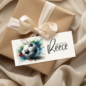 Geldbeutel für Bargeld Geburtstagsgeschenk für Sohn, Neffe, Enkel, Junge. Personalisierte Vorderseite und Innenseite. Geld Umschlag Gutschein, Fussball Design.