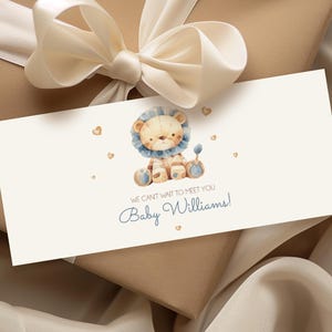 Babypartygeschenk Geldbörse für Geldgeschenk oder Gutscheine. Baby-Karte. Innen personalisiert. Baby Geschenkkarte für Baby Shower. Löwen Design