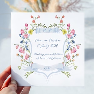 Carte de mariage personnalisée. Le cadeau de mariage comprend l'enveloppe et la personnalisation. Écusson de style Régence.  Beau cadeau de mariage/fiançailles