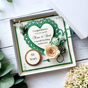 Smaragd Jubiläumskarte - 55. Hochzeitsfeier. Personalisierte Handarbeit. 3D Blumen Andenken. Mama, Papa, Ehefrau, Mann, Großeltern